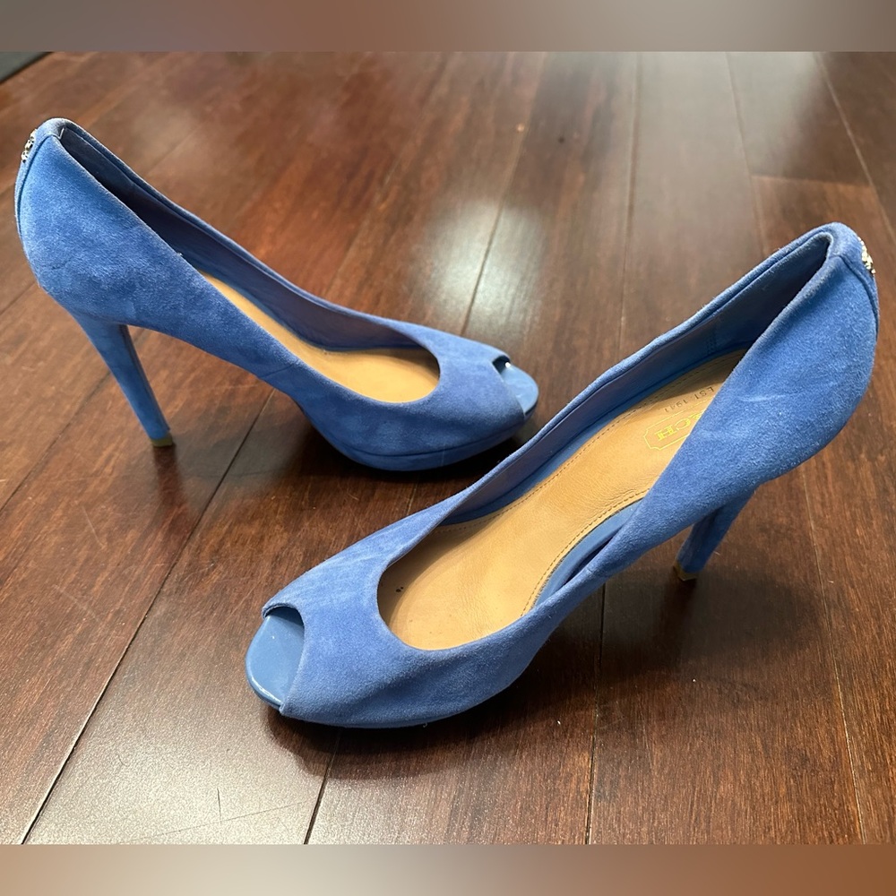 SALE Authentic Coach Selma Blue Peep Toe Suede Heels